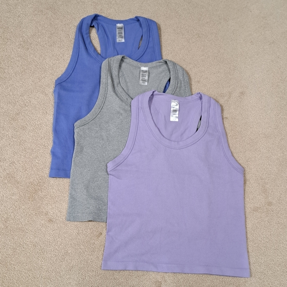 Reflex Set Of 3 Tanks Racer Back Ribbed Seamless Blue Grey Puple Size XL